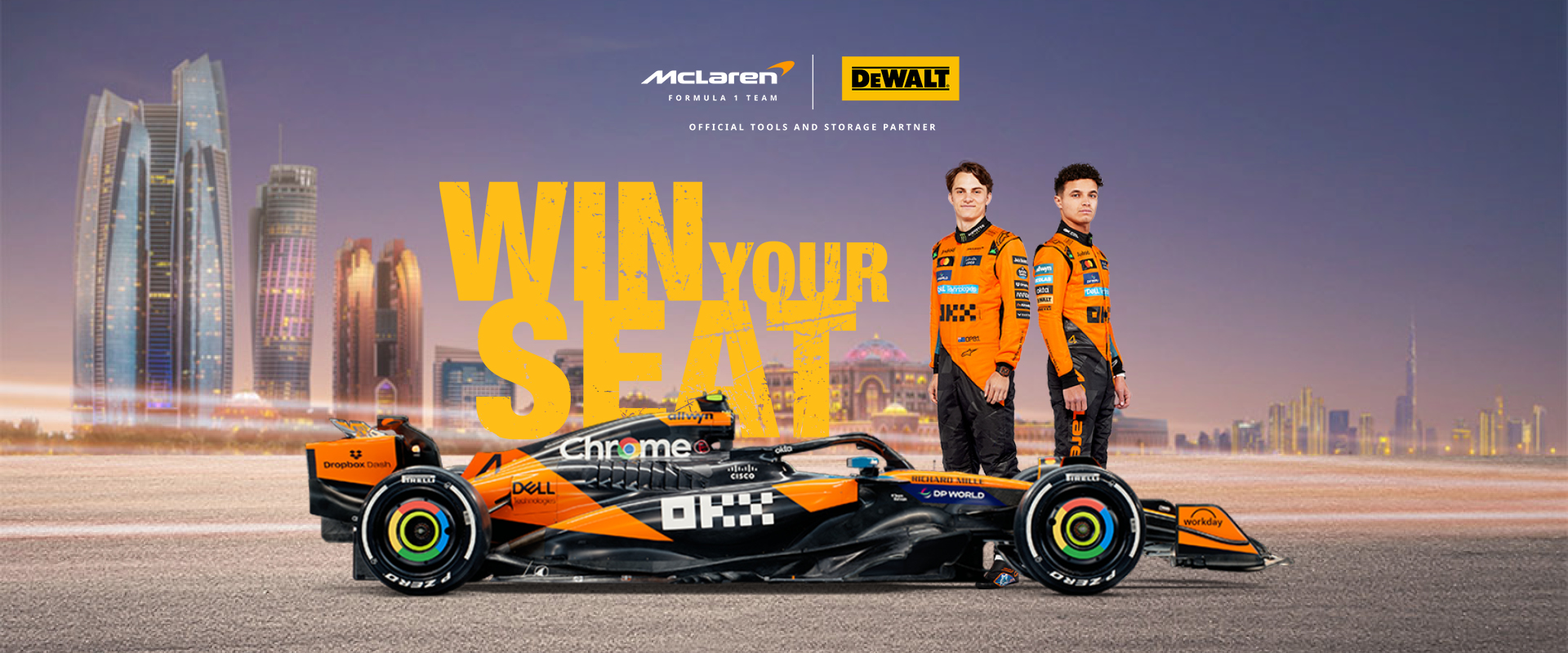 DEWALT Win Your Seat Promotional Banner with the Mclaren F1 car and team